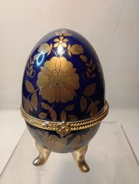 Vintage Cobalt Blue Egg Hinged Trinket Box with Gold Floral Pattern & Feet 4"